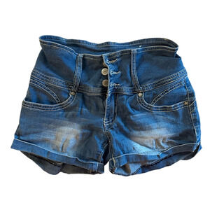 RUE 21 BLUE DENIM HIGH WAISTED SHORTS WITH 3 BUTTON DETAIL